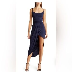 GO COUTURE
Cowl Neck Asymmetric Slit Dress